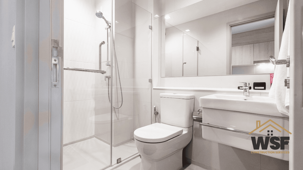 Glass-enclosed white tile shower
